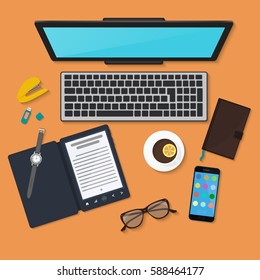 Realistic technology workplace organization. Top view of color work desk with laptop, reader, smartphone, tablet pc, diary, glasses, and coffee mug