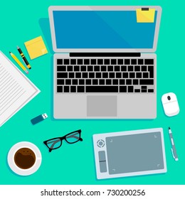 Realistic technology workplace organization. Top view of color work desk with laptop, smartphone, tablet pc, diary, glasses and tablets.