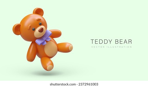 Realistischer Teddybär mit blauer Schleife am Hals. Kleines Spielzeug. Geburtstagsgeschenk. Farbvektorhorizontales Poster. Spielzeugfreund. Vektorkonzept für Webdesign