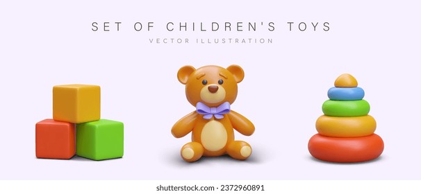 Realistic teddy bear with purple bow, colorful children cubes and pyramid toy. Set of different toys for kids. 3d object for advertising campaign. Vector illustration