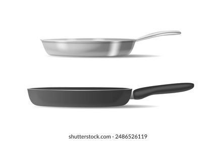 Realistic Teflon Frying Pan And Steel Frying Pan Isolated On White Background. 3d Vector Image Showcases The Materials