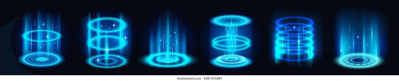 Realistisches Teleportationsportal. Futuristisches Hologramm mit glühenden Energiekreisen des Teleports. Magisch blaue Aura von Licht und Strahlen. Level-Up-Effekt. Neon Vektorillustration isoliert auf schwarzem Hintergrund