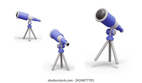 Realistic telescope on tripod, view from different sides. Device for observing celestial bodies