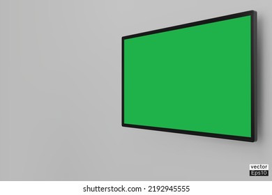 Realistic Television Green Screen Isolated On White Background. 4K TV Flat Screen LCD, OLED, Plasma. Modern Wide Flatscreen Monitor Hanging On The Wall. 3D Vector Illustration.