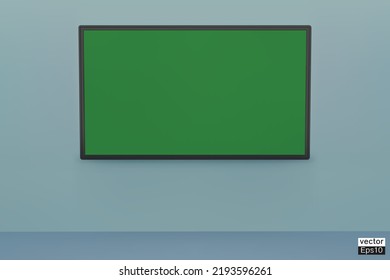 Realistic Television With Green Screen On Blue Room. 4K TV Flat Screen LCD, OLED, Plasma. Modern Wide Flatscreen Monitor Hanging On The Blue Wall.  3D Vector Illustration.