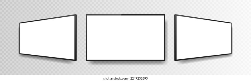 Realistic television screen mockup set isolated on transparent background. 3d blank TV led monitor. Vector illustration.