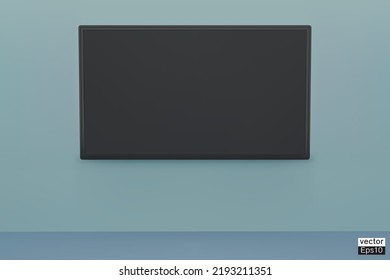 Realistic television screen on blue room. 4K TV flat screen LCD, OLED, plasma. Modern Wide flatscreen monitor hanging on the blue wall. Large blank computer display mockup. 3D Vector illustration.