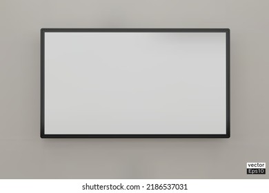 Realistic Television Screen On White Background. 4K TV Flat Screen LCD, OLED, Plasma. Modern Wide Flatscreen Monitor Hanging On The Wall. Large Blank Computer Display Mockup. 3D Vector Illustration.