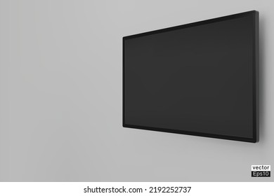 Realistic television screen on white background. 4K TV flat screen LCD, OLED, plasma. Modern Wide flatscreen monitor hanging on the wall. Large blank computer display mockup. 3D Vector illustration.