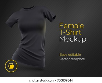 Realistic Template Blank Black Woman T-shirt Cotton Clothing. Empty Mock Up Vector illustration