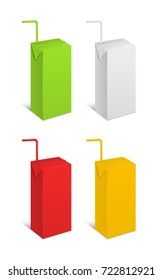 Realistic Template Blank Color Juice Pack Isolated Empty Mock Up for Beverage with Drinking Straw. Vector illustration