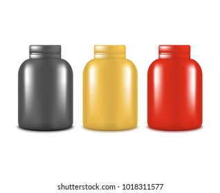Realistic Template Blank Color Protein Bottle Package Set Isolated Sports Food Supplement Concept. Vector illustration of fitness bottle vitamin