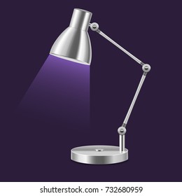 Realistic Template Blank Metal Table Lamp Illuminate Interior Office or Home on a Dark Background. Vector illustration