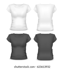 Realistic Template Blank White and Black Woman T-shirt Cotton Clothing. Empty Mock Up Vector illustration