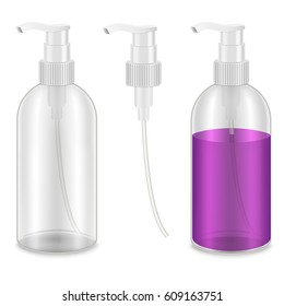 Realistic Template Blank White Bottle Dispenser Element Set Empty and with Liquid . Vector illustration