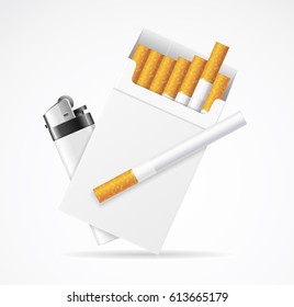 Realistic Template Blank White Cigarette Pack with Pocket Lighter. Empty Smoking Set Vector illustration 