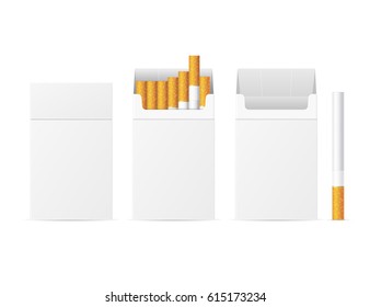 Realistic Template Blank White Cigarette Pack Closed and Open and cigarettes in package. Vector illustration