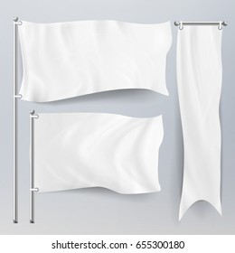 Realistic Template Blank White Flags Vector. Advertising Flag Banner And Fabric Canvas Poster For Advertising Illustration