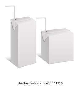 Realistic Template Blank White Juice Pack Isolated Empty Mock Up for Beverage with Drinking Straw. Vector illustration