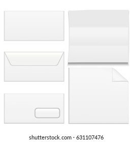 Realistic Template Blank White Paper Envelops Set for Office Document, Letter or Message Space. Vector illustration