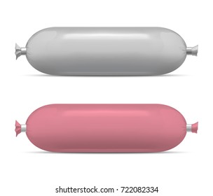Realistic Template Blank White and Pink Sausage Pack Set. Vector illustration