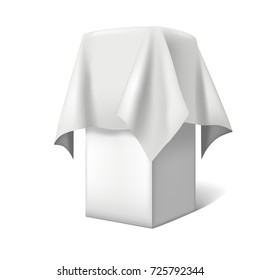 Realistic Template Blank White Presentation Pedestal or Stage with a Cloth Product for Retail. Vector illustration of Mock Up Symbol Advertisement