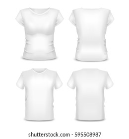 Realistic Template Blank White Woman and Man T-shirt Cotton Clothing. Empty Mock Up Vector illustration