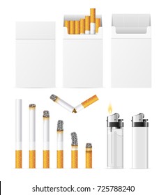 Realistic Template Cigarette Blank White Pack with Pocket Accessory Plastic Lighter Empty Mockup Tobacco Addiction Concept. Vector illustration of Tools Cigarettes