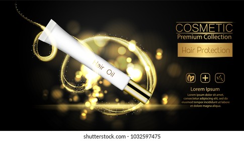 A realistic template cosmetic package. 3d splash of liquid oil. Splashing argan oil, hair protection cosmetics product pack design.