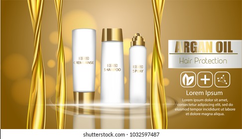 A Realistic Template Cosmetic Package. 3d Splash Of Liquid Oil. Splashing Argan Oil, Hair Protection Cosmetics Product Pack Design.