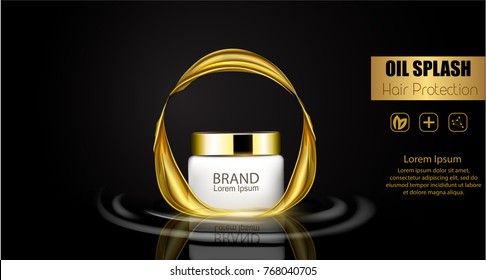 A Realistic Template Cosmetic Package. 3d Splash Of Liquid Oil. Splashing Argan Oil, Hair Protection Cosmetics Product Pack Design.