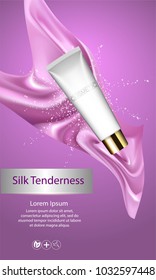 A realistic template cosmetic package. cosmetics product pack design. Realistic silk textile. Beautiful premium stock vector illustration.