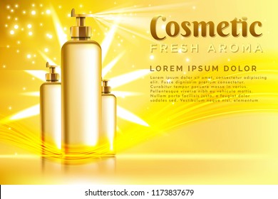realistic template cosmetic package. Spray Cosmetics Product Template for Ads or Magazine Background. 3D Realistic Vector Iillustration. EPS10