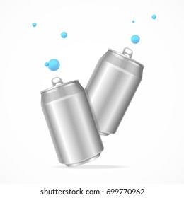 Realistic Template Empty Blank Steel Can Set Soft Drink with Blue Bubble Vector illustration of two cans view