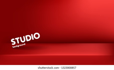 Realistic template of empty bright red studio, photostudio, table, room. Used as background for display or advertise your products. Vector illustration