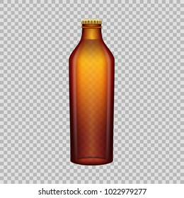 Realistic template of empty glass beer bottle with screw cap. Template, breadboard, glass package, mockup bottles of alcoholic beverage on a transparent background. Vector illustration.