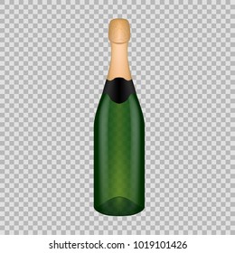 Realistic template of empty glass champagne bottle with screw cap. Template, breadboard, glass package, mockup bottles of alcoholic beverage on a transparent background. Vector illustration.