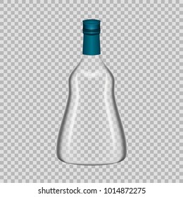 Realistic template of empty glass cognac bottle with screw cap. Template, breadboard, glass package, mockup bottles of alcoholic beverage on a transparent background. Vector illustration.