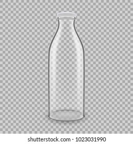 Realistic template of empty glass transparent bottles for drinks of milk, with lids. Template, breadboard, layout, mockup, glass package, jar, on transparent background. Vector illustration.