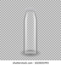 Realistic template of empty glass transparent bottles for drinks of juice, with lids. Template, breadboard, layout, mockup, glass package, jar, on transparent background. Vector illustration.