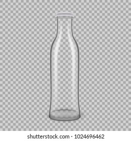 Realistic template of empty glass transparent bottles for drinks of milk, with lids. Template, breadboard, layout, mockup, glass package, jar, on transparent background. Vector illustration.