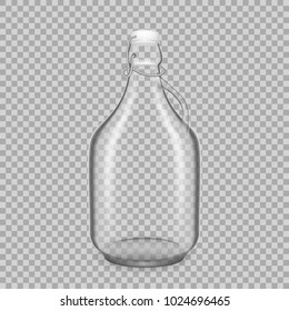 Realistic template of empty glass transparent bottles for drinks of milk, with lids. Template, breadboard, layout, mockup, glass package, jar, on transparent background. Vector illustration.