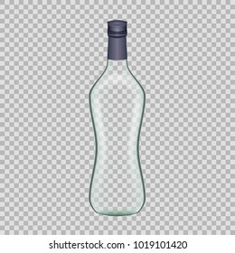 Realistic template of empty glass vodka bottle with screw cap. Template, breadboard, glass package, mockup bottles of alcoholic beverage on a transparent background. Vector illustration.