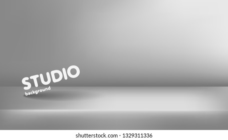 Realistic template of empty light grey studio, photostudio, table, room. Used as background for display or advertise your products. Vector illustration