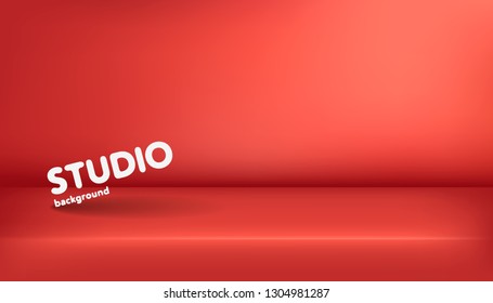 Realistic template of empty red studio, photostudio, table, room. Used as background for display or advertise your products. Vector illustration