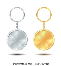 Realistic Template Metal Keychains Set Golden and Silver Circle Shape. Vector illustration isolated on white background