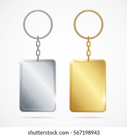 Realistic Template Metal Keychains Set Golden and Silver Rectangle Shape. Vector illustration