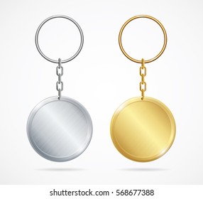 Realistic Template Metal Keychains Set Golden and Silver Circle Shape. Vector illustration