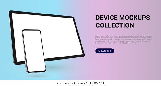 Realistic template mock up of a digital tablet and a smartphone for web design, webpages, banners, landings, presentations.