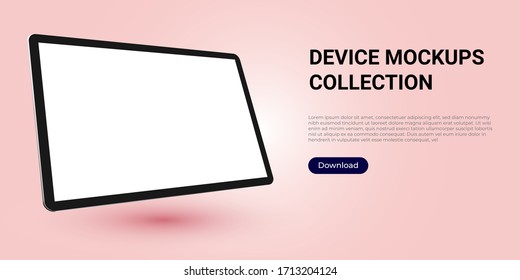 Realistic template mock up of a digital tablet for web design, webpages, banners, landings, presentations. Rotated, angled.